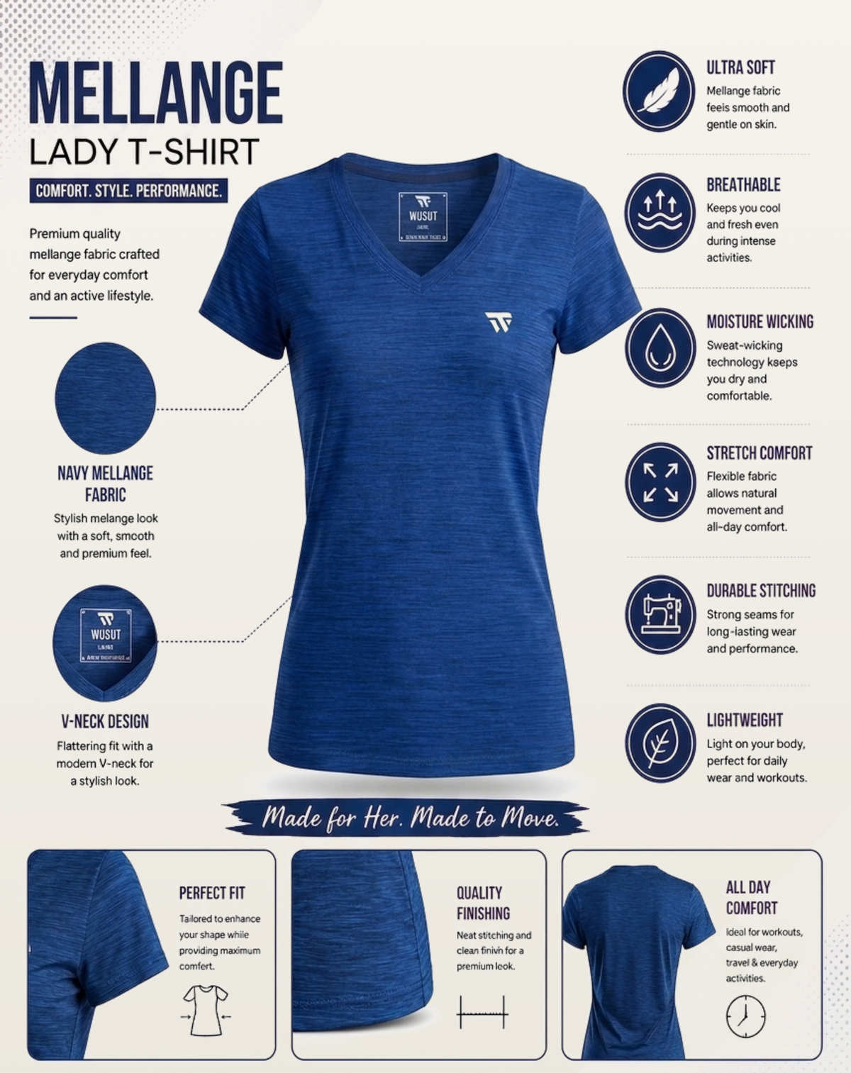 Women's Essential V-Neck Tee - (Lycra Shirts) Navy Melange