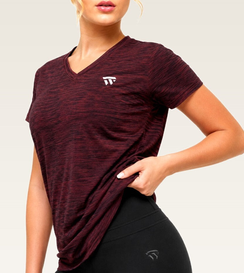 Women's Essential V-Neck Tee - (Lycra Shirts) Maroon Melange