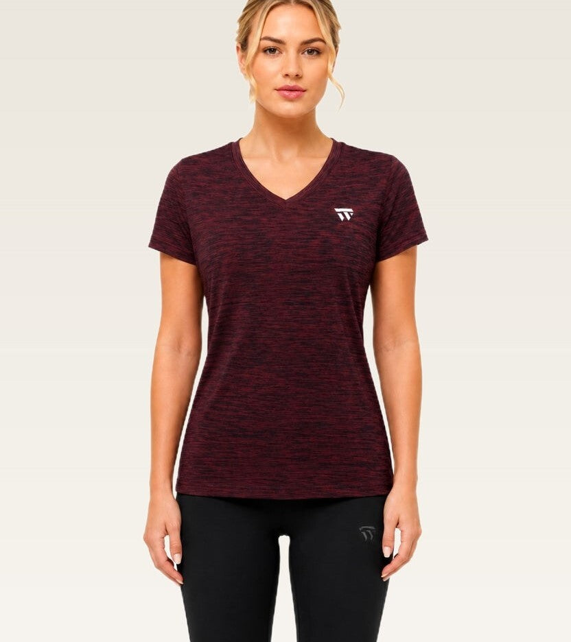 Women's Essential V-Neck Tee - (Lycra Shirts) Maroon Melange