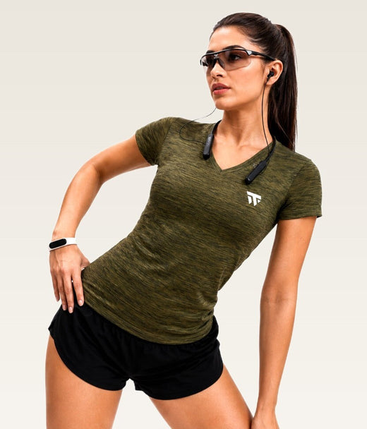 Women's Essential V-Neck Tee - (Lycra Shirts) Olive Melange