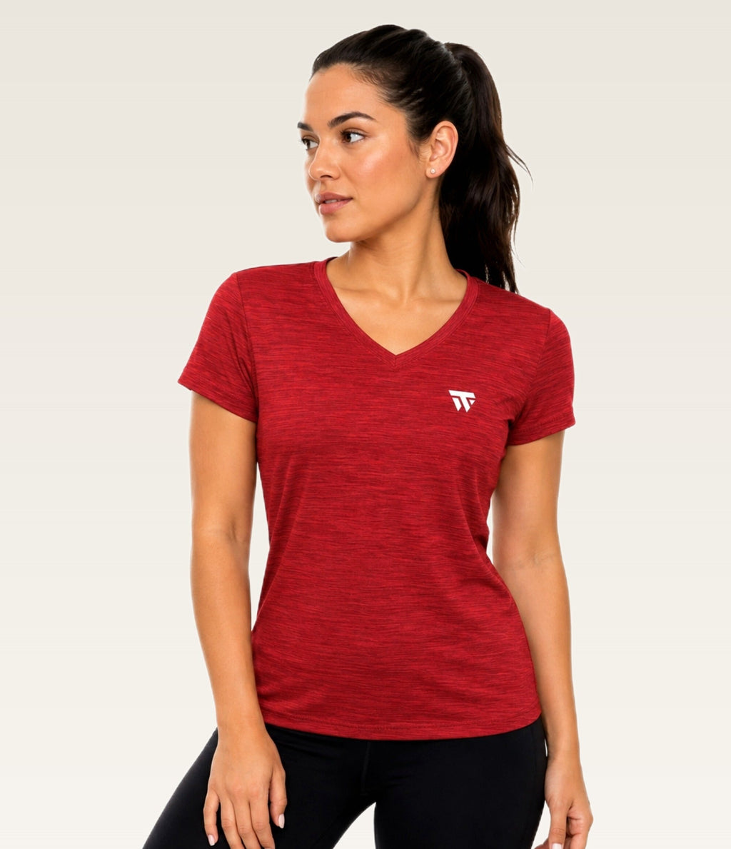 Women's Essential V-Neck Tee - (Lycra Shirts) Red Melange