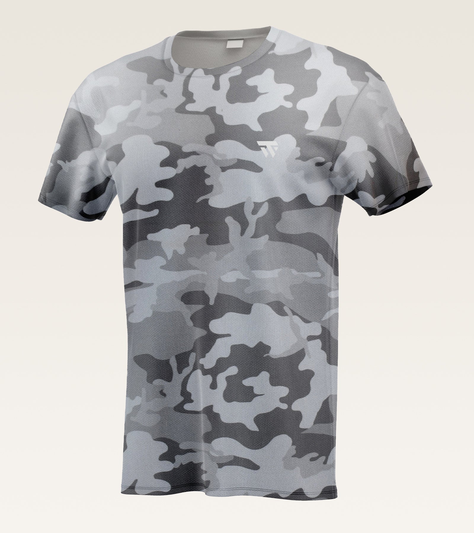 A short-sleeve crewneck t-shirt featuring a gray and white camouflage pattern, displayed on a neutral light beige background.