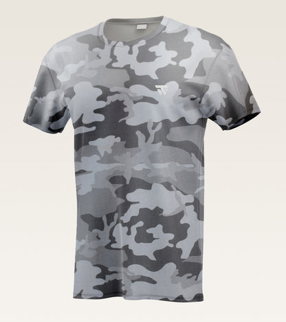 A short-sleeve crewneck t-shirt featuring a gray and white camouflage pattern, displayed on a neutral light beige background.